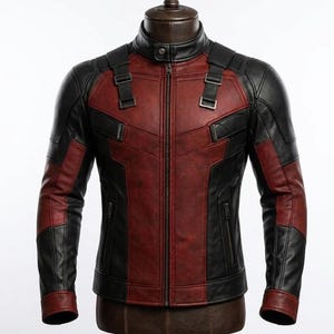May include: A red and black leather jacket with a stand-up collar and a front zipper. The jacket has black panels on the shoulders and sleeves, with red panels on the chest and torso. The jacket is displayed on a mannequin.