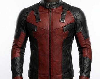 Deadpool Inspired Leather Jacket | Red Black Superhero Cosplay Biker Jacket | Comic Style Motorcycle Jacket.