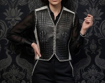 Schlange Unisex Krokodil Geprägte Leder Biker Weste Schwarz Weiß Geflochtene Motorradweste YKK