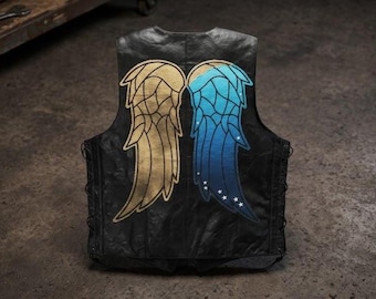 Daryl Dixon Angel Wings Leather Vest | Walking Dead Inspired Motorcycle Cosplay Vest | REBORN Blue Wing Biker Jacket Gift for Him