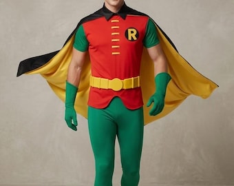 Robin Inspired Superhero Costume with Cape | Comic Con Hero Suit Cosplay Outfit | Red Green Superhero Costume for Men