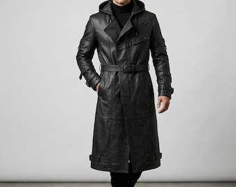 Cyberpunk Futuristic Leather Coat for Men | Hooded Techwear Trench Coat | Sci-Fi Cosplay Long Jacket Black Leather Outfit