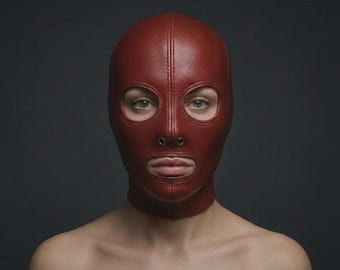 Handmade Red Leather Full Head Mask Hood | Gothic Cosplay Festival Mask | Punk BDSM Style Hood Costume
