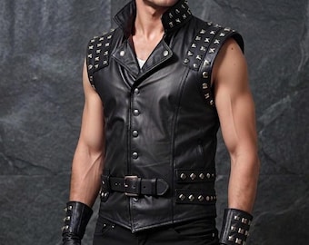 Men’s Studded Sheep Leather Vest | Handmade Punk Rock Biker Vest | Gothic Metal Fashion Waistcoat for Men
