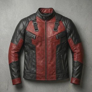 May include: A black and red leather jacket with a stand-up collar and a zip-up front. The jacket features black panels on the shoulders, sleeves, and sides, with red panels in the center. It has two zippered pockets and adjustable straps.