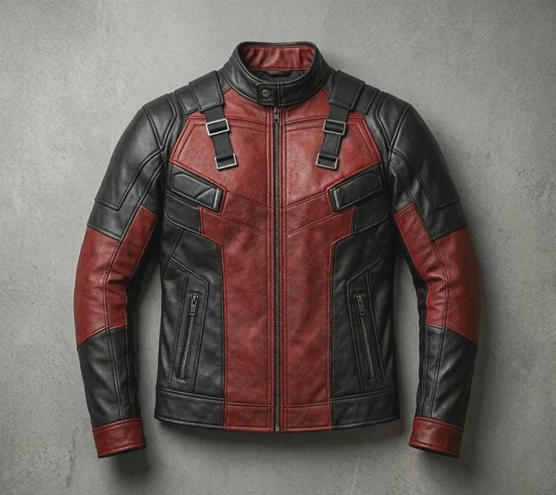 May include: A black and red leather jacket with a stand-up collar and a zip-up front. The jacket features black panels on the shoulders, sleeves, and sides, with red panels in the center. It has two zippered pockets and adjustable straps.