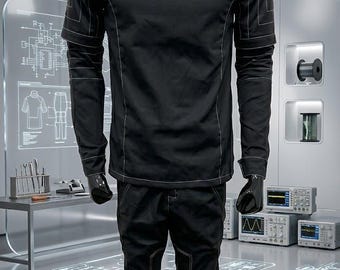 Black Flight Suit Cosplay Costume | Custom Tailored Cotton Top & Bottom Set | Sci Fi Pilot Costume Handmade Soft Parts