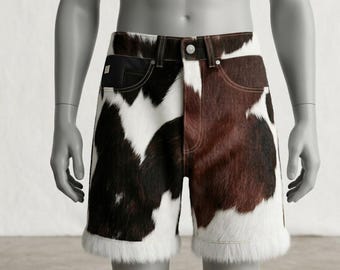Mens Cowhide Hair On Leather Shorts Cow Print Bermuda Western Festival Shorts Handmade
