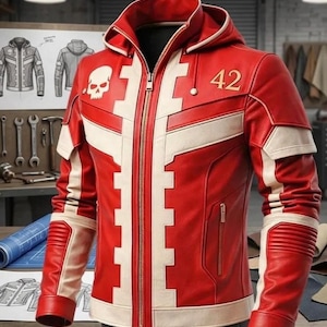 May include: Red and white leather jacket with a hood, zipper closure, and a skull graphic. The jacket features white accents, the number 42, and a design inspired by racing apparel.