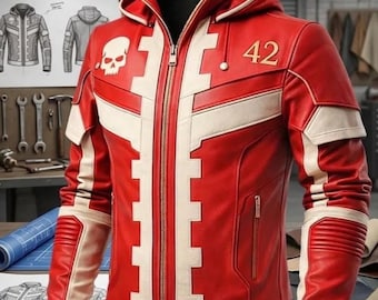 Warhammer Inspired Tech Pirate Red Leather Cosplay Jacket | Cyberpunk Sci-Fi Armor Hoodie Coat | Futuristic Warrior Costume for Men
