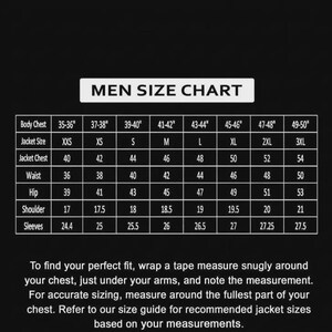 May include: A black and white Men Size Chart with measurements for body chest, jacket size, jacket chest, waist, hip, shoulder, and sleeves. The chart includes instructions for finding the perfect fit.