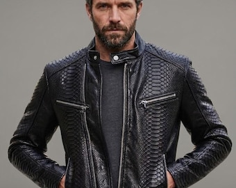 Mens Black Snake Embossed Leather Biker Jacket Zip Up Motorcycle Jacket Stylish Streetwear Outerwear