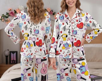 Arirang BTS Cartoon Pajama Set, Kpop Sleepwear Long Sleeve & Shorts, Bangtan Army Nightwear, Idol Loungewear, Cute Fan Merch