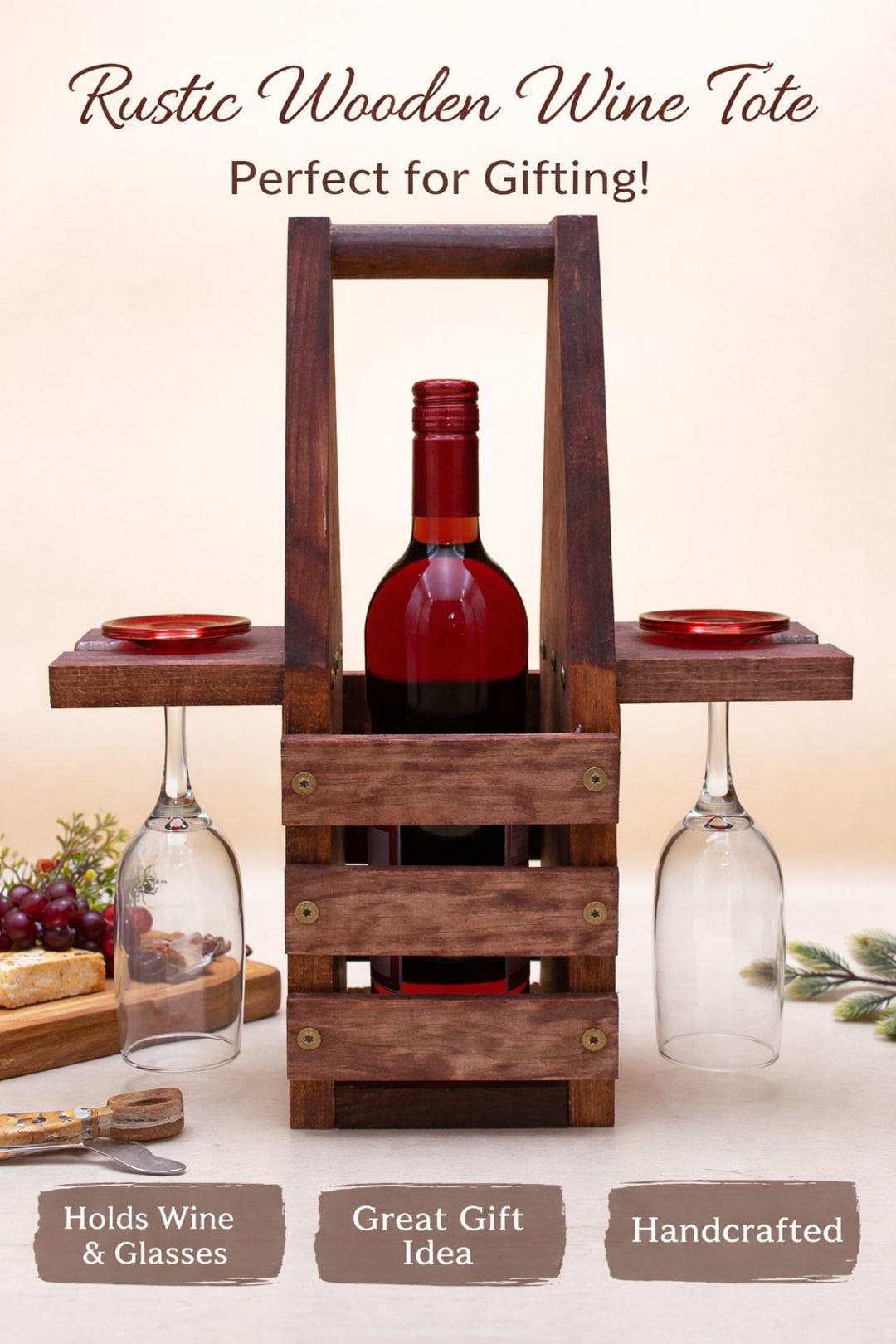 Wine Racking Tote Rustic Wooden Wine Tote With Glass Holders – Handcrafted Carrier - Etsy