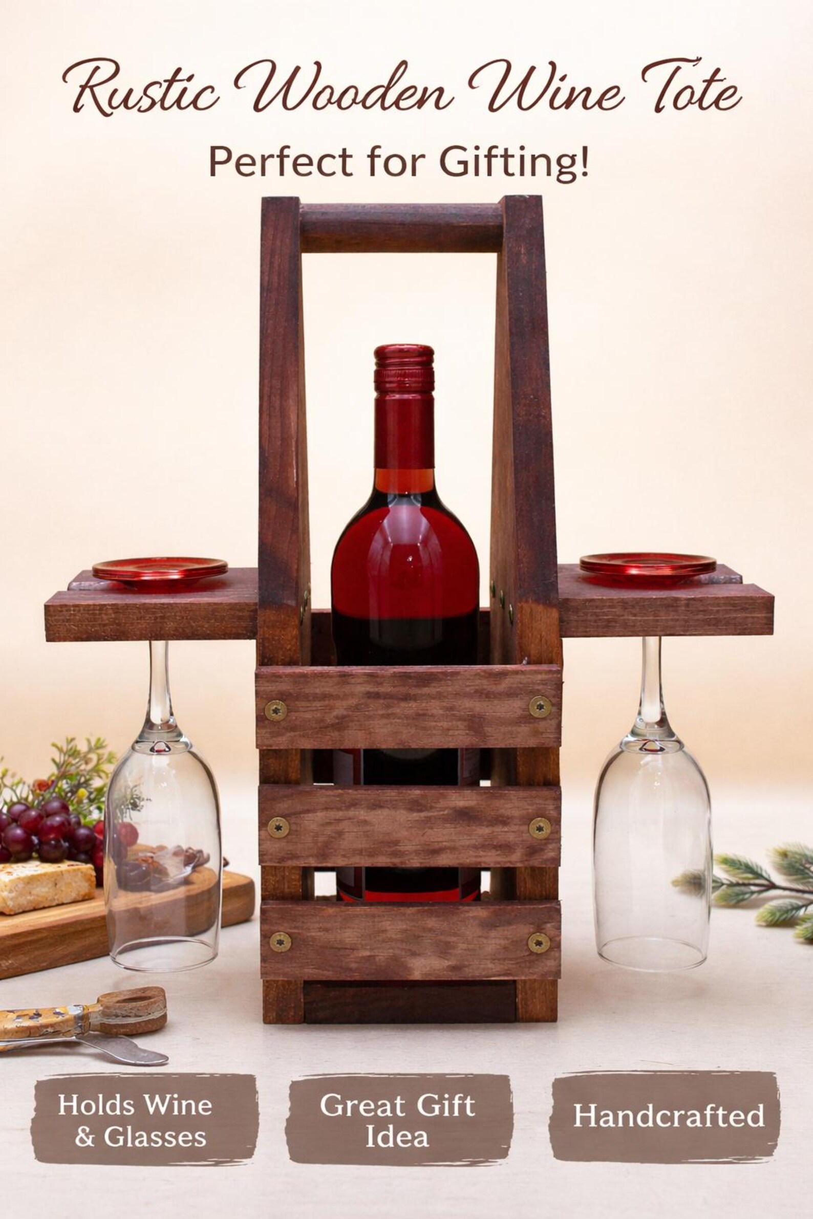 Rustic Wooden Wine Tote With Glass Holders – Handcrafted Carrier - Etsy
