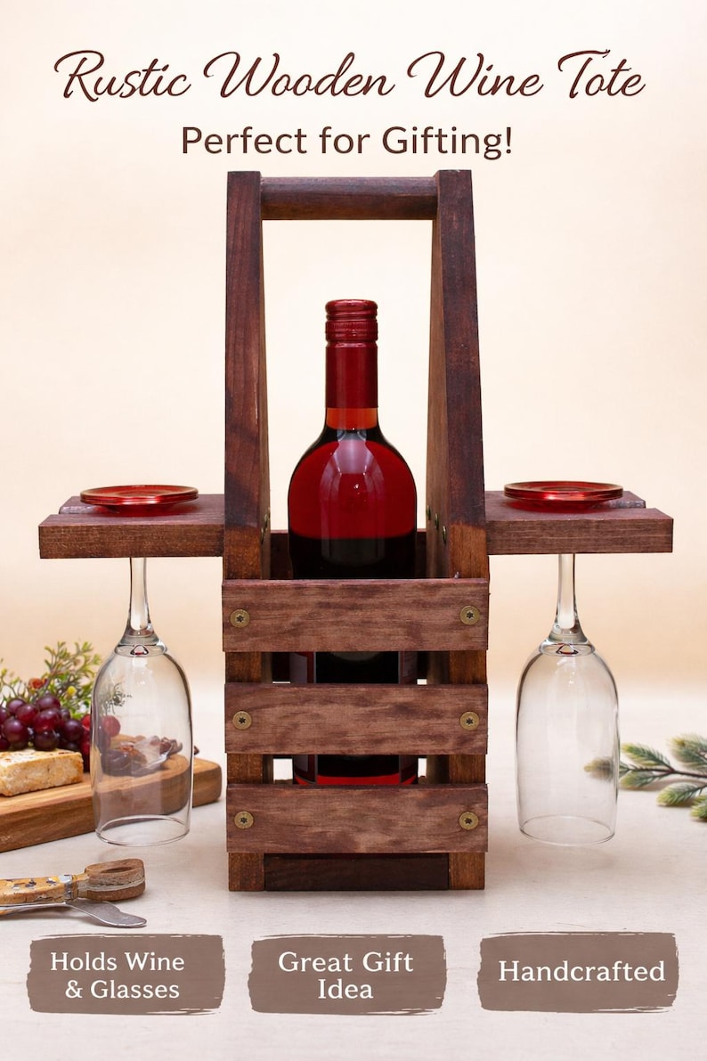 Rustic Wooden Wine Tote With Glass Holders – Handcrafted Carrier - Etsy