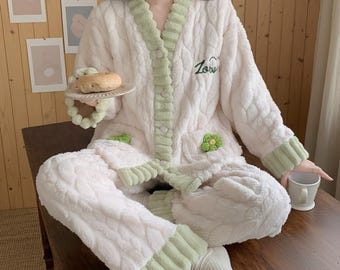 コーラルフリースパジャマセット – レディース冬用パッド入りラウンジウェア