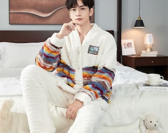 メンズ コーラルフリース パジャマセット | ストライプ柄 冬 ラウンジウェア