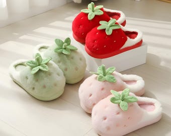 Cozy Winter Strawberry Slippers, Women’s Plush Indoor Shoes with Thick Non-Slip Sole