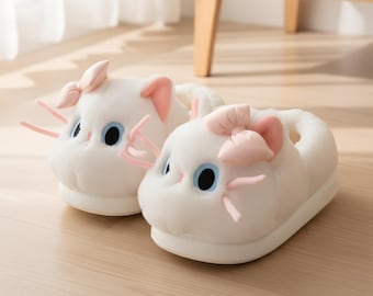 Fluffy White Cat Slippers – Cozy Winter Indoor Shoes