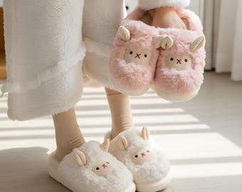Embroidered Sheep Slippers, Plush Winter Slides