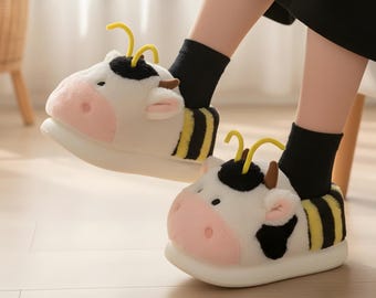 Cow Design Fluffy Slippers – Cozy Unisex Winter Footwear
