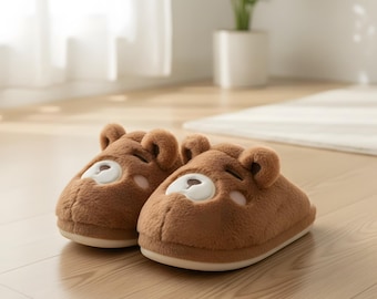 Plush Cartoon Bear Slippers, Faux Fur Winter Slides