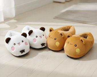 Pluszowe kapcie z kreskówkową pandą, wygodne buty domowe