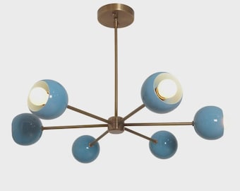 Mid-Century Modern Blue Eyeball Chandelier, Solid Brass Sputnik Light