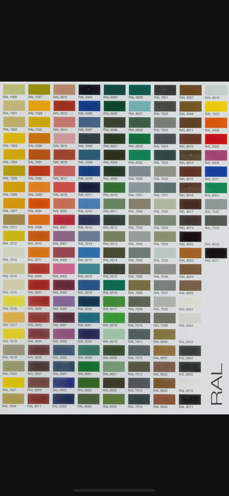 Puede incluir: Una carta de colores que muestra una amplia gama de colores RAL, incluyendo tonos de amarillo, naranja, rojo, azul, verde, gris y marr&oacute;n. Cada color est&aacute; etiquetado con su c&oacute;digo RAL correspondiente, como RAL 1000, RAL 2000 y RAL 3000.