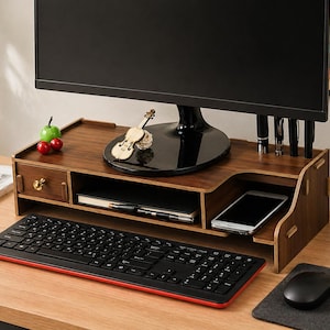 Organiseur de bureau moderne avec support pour écran en bois | Fichier découpé au laser, conception de l'espace de travail (SVG, DXF, PNG)