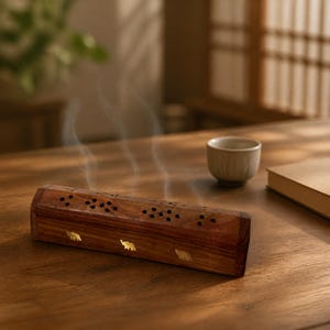 May include: A rectangular wooden incense burner box with a dark brown finish, featuring intricate cut-out patterns on the top lid and small gold-coloured elephant inlays on the front side, with thin wisps of smoke rising from the top surface.