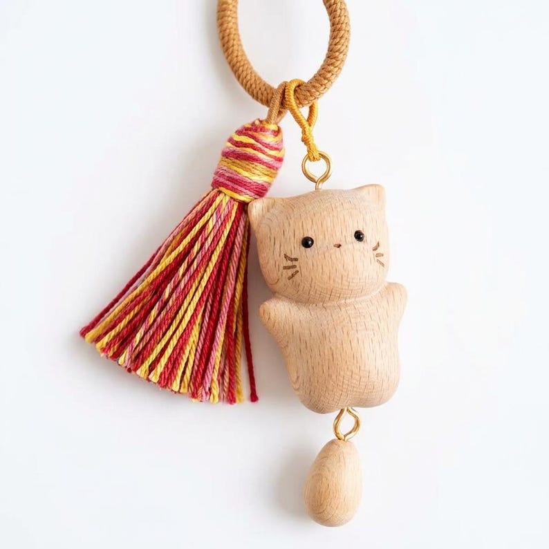 Cute Wooden Cat Keychain, Cat Bag Charm with Tassel, Handmade Wood Kitty Pendant, Kawaii Cat Key Ring, Cute Animal Keychain Gift image 9