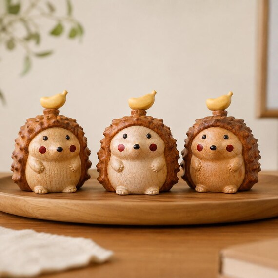 Hand-carved wooden hedgehog with a *removable bird* sitting on its back via magnets — a genuinely charming kinetic desk sculpture that feels truly one-of-a-kind.
