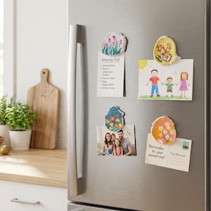 Puede incluir: Una puerta de refrigerador de acero inoxidable muestra varios imanes decorativos. Se adjuntan una lista de compras, dibujos familiares, una foto familiar y una postal. Los imanes tienen diseños florales y abstractos.