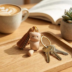 May include: A wooden cat keyring with a gold ring and a brown tassel. The cat has a minimalist design with etched details. The keyring is paired with a set of keys, suggesting everyday use.