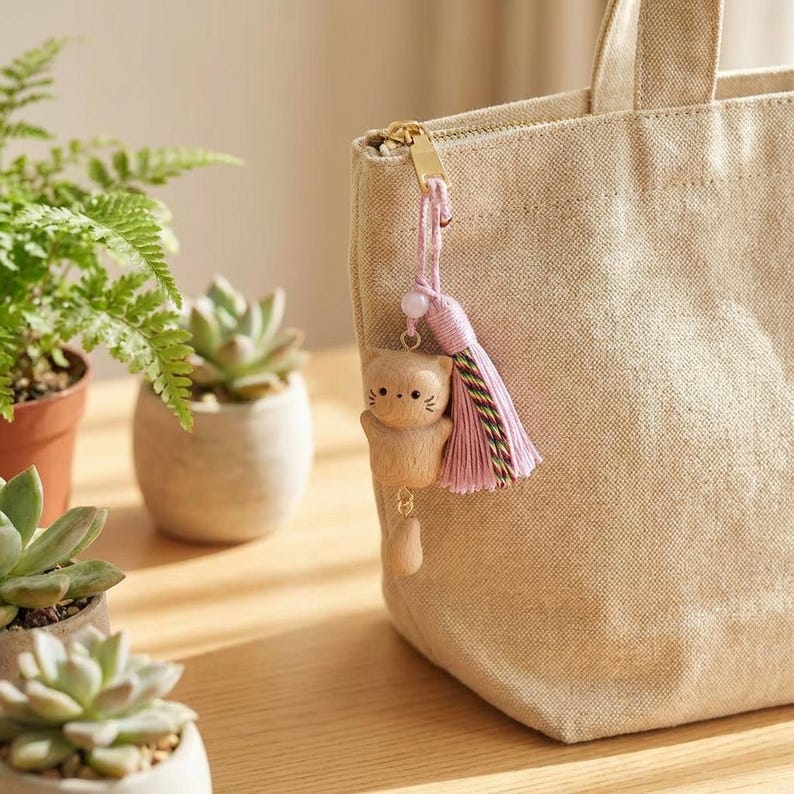 May include: A beige canvas tote bag with a gold zip, a pink tassel, and a wooden cat charm. The charm is light brown and has a small wooden bead attached. The tassel has pink, green, and gold threads.