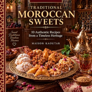Peut inclure: Une couverture de livre intitulée Traditional Moroccan Sweets par Maison Kaoutar, présentant un plateau doré de pâtisseries assorties, une théière en argent et un verre de thé. Le texte inclut 10 Authentic Recipes from a Timeless Heritage.