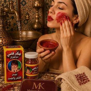 Könnte beinhalten: Eine Frau trägt eine rote Gesichtsmaske auf, mit einem Glas und einer Schachtel des Produkts. Die Schachtel und das Glas haben arabischen Text und ein Porträt eines Kindes. Ein Handtuch ist um ihren Kopf gewickelt. Das Produkt ist von Maison Kaoutar.