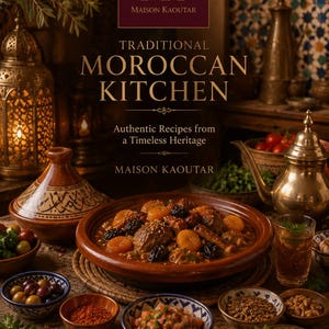 Peut inclure: Un livre de cuisine intitulé Traditional Moroccan Kitchen par Maison Kaoutar, présentant une image centrale d'un tajine rempli de viande et de fruits secs, entouré de petits bols d'épices, d'olives et d'une théière en métal sur une surface sombre.