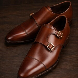 Könnte beinhalten: Ein Paar polierte Doppel-Monk-Schuhe aus cognacfarbenem Leder mit Zehenkappe und zwei goldfarbenen Metallschnallen an der Seite jedes Schuhs. Das Schuhwerk hat eine glatte Oberfläche und eine strukturierte Silhouette mit einem niedrigen Absatz.