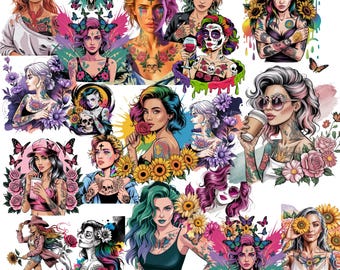 75 PNG Floral Badass Girl Bundle, Aesthetic Girl Clipart, High-Res 300 DPI, Instant Digital Download