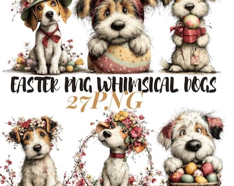 Paquete de imágenes prediseñadas de perros con motivos florales para Pascua: gráficos de cachorros encantadores (27 archivos PNG)