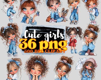 36 Cute Quirky Girl Clipart PNG Bundle | Little Girl Graphics | 300 DPI | Commercial Use | Instant Download | Digital Clipart Set