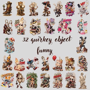 May include: A collection of 32 colorful, cartoon-style stickers featuring anthropomorphic objects like a cowboy boot, a melting candle, a coffee cup, a robot, and a toaster, each with expressive faces and humorous text captions on a light gray background.