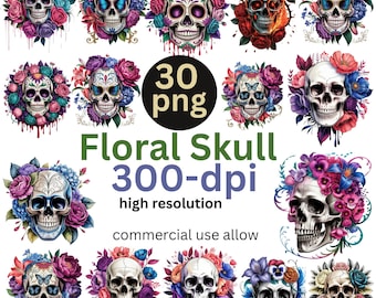 Clipart de sublimación de calavera floral 1 / 300 DPI JPEG / PNG transparente / 14 x 14 / pulgadas / Descarga digital