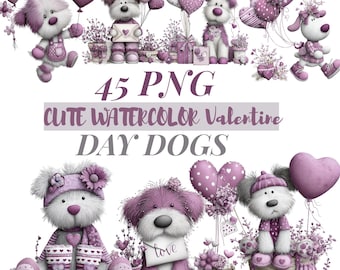 Paquete de 45 imágenes PNG de perros de San Valentín con un lindo perro con corazón rojo. Uso comercial permitido únicamente.