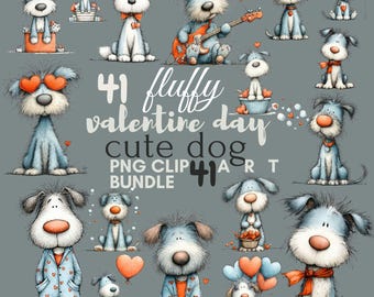 41 imágenes prediseñadas de perros peludos de San Valentín / Arte de amor con cachorros lindos / Perros caprichosos de San Valentín / Gráficos románticos de animales