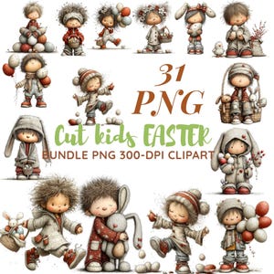 Könnte beinhalten: Ein digitales Kunstpaket mit 31 PNG-Bildern von Kindern mit Ostermotiven. Die Illustrationen zeigen Kinder mit Osterkörben, Luftballons und Hasenohren. Der Text auf dem Bild lautet "Cut kids EASTER" und "BUNDLE PNG 300-DPI CLIPART."