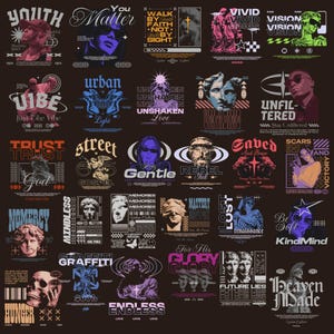 May include: A collection of graphic designs with various themes and text elements. The designs feature portraits, statues, and abstract elements in a dark color palette. Text includes phrases like "Youth," "Urban," "Trust," and "Endless."